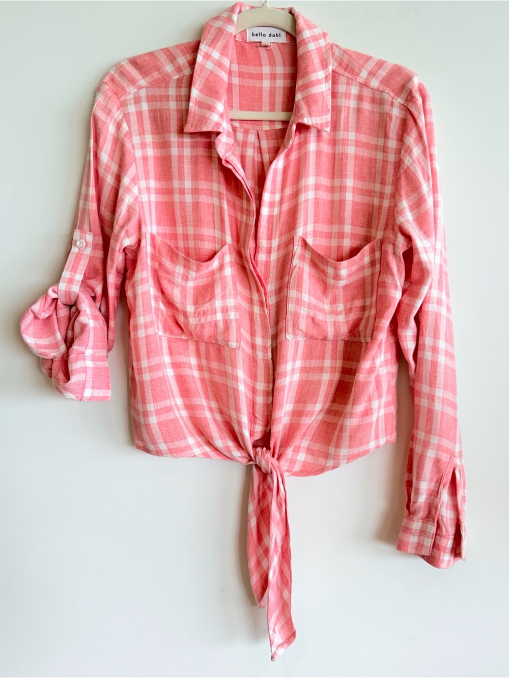 Bella Dahl Pink & White Plaid Tie-Front Blouse - Sm